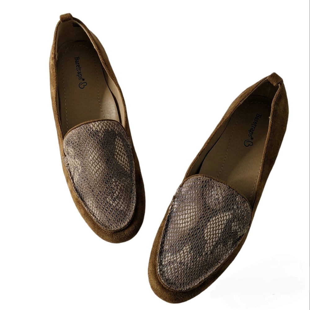 Baretraps Elliana brown faux suede slip-on loafers with a snake print accent 10M